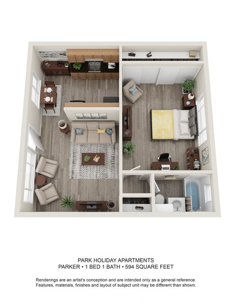Park Holiday 1 bed 1 bath Left floor plan 594 sq ft